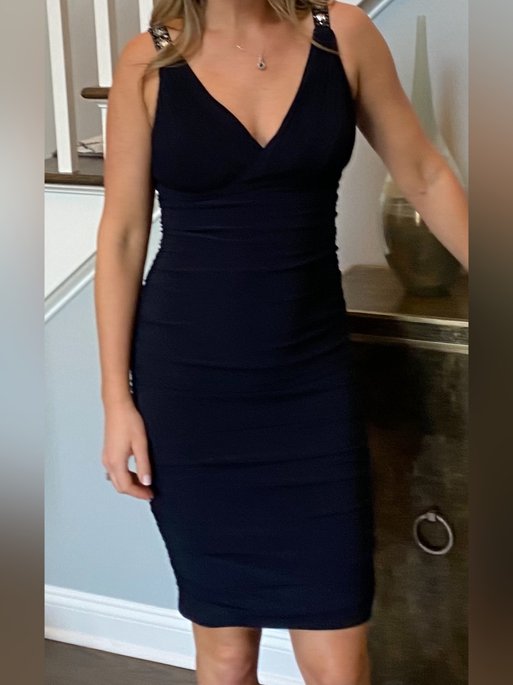 Eliza J navy above knee Dress V-Neck Sleeveless blinged straps
